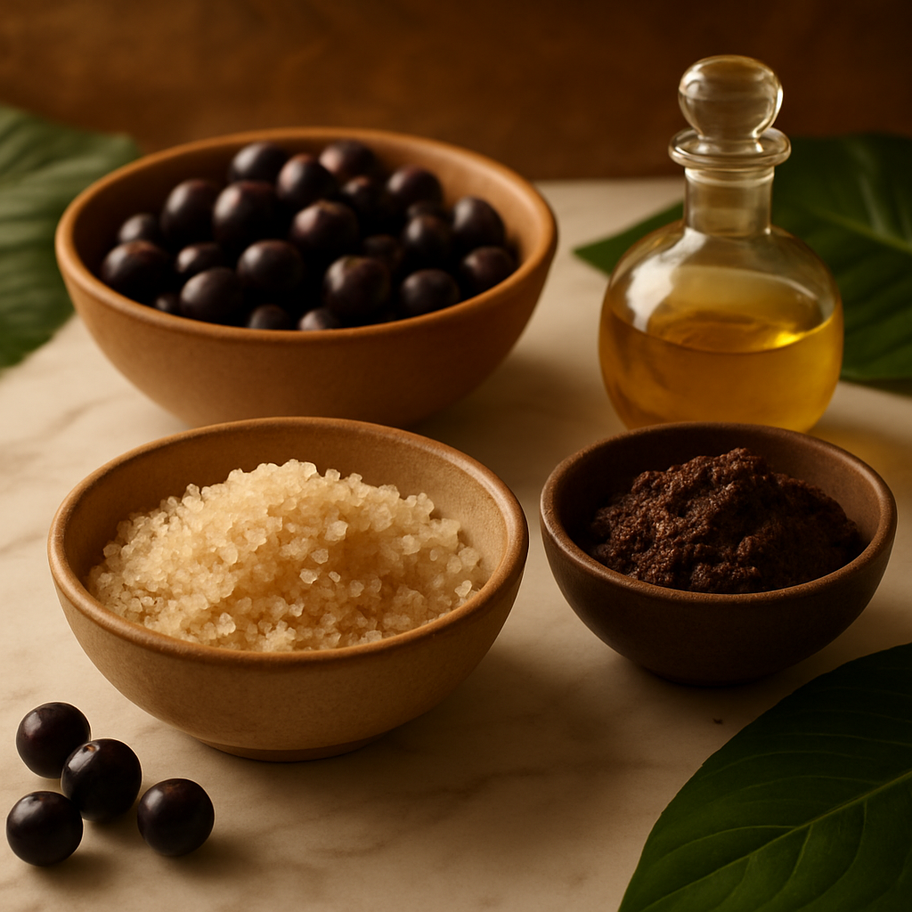 Body treatment ingredients including açaí, sea salt scrub, and warm oils in ceramic bowls