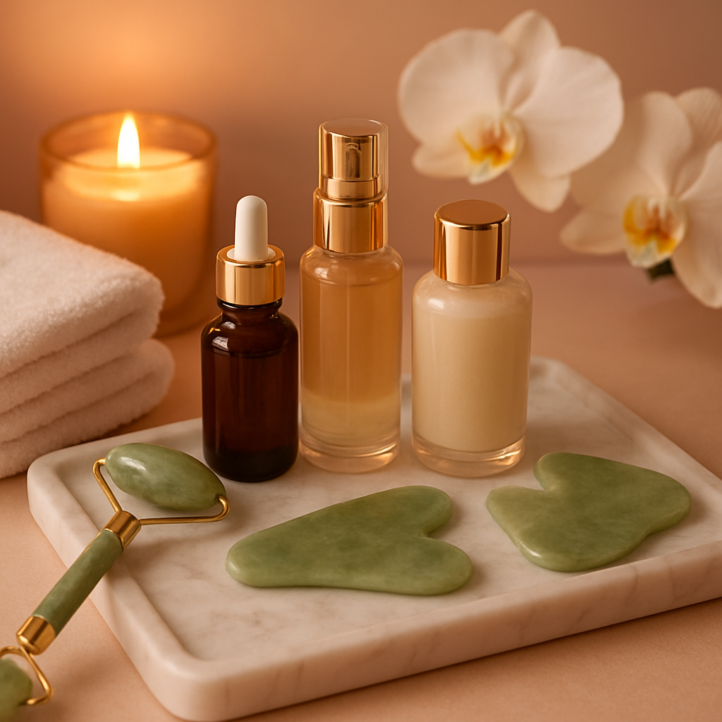 Luxury facial treatment products including serums, jade roller, and white orchids on marble