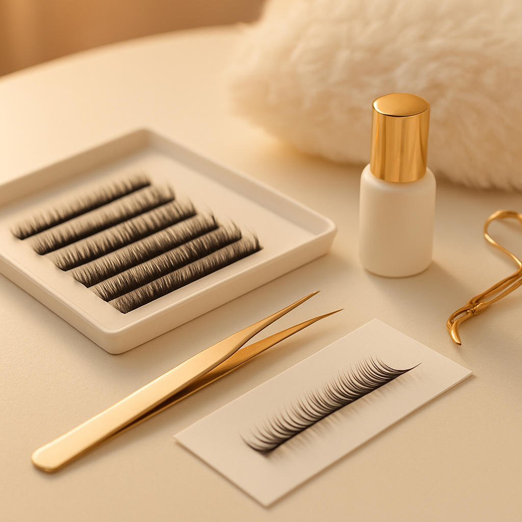 Lash extension tools including fine tweezers and individual extensions on white surface