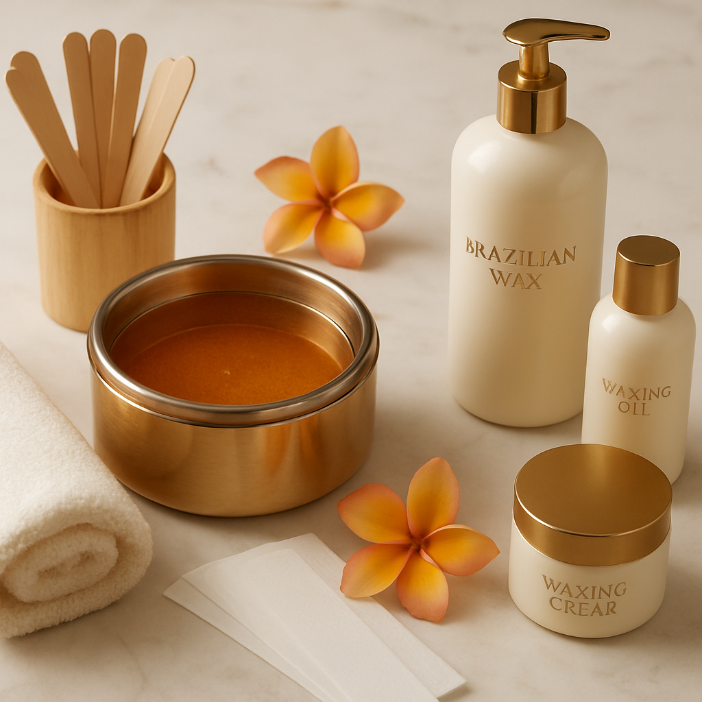Professional waxing setup with warm honey wax pot and wooden spatulas on marble surface
